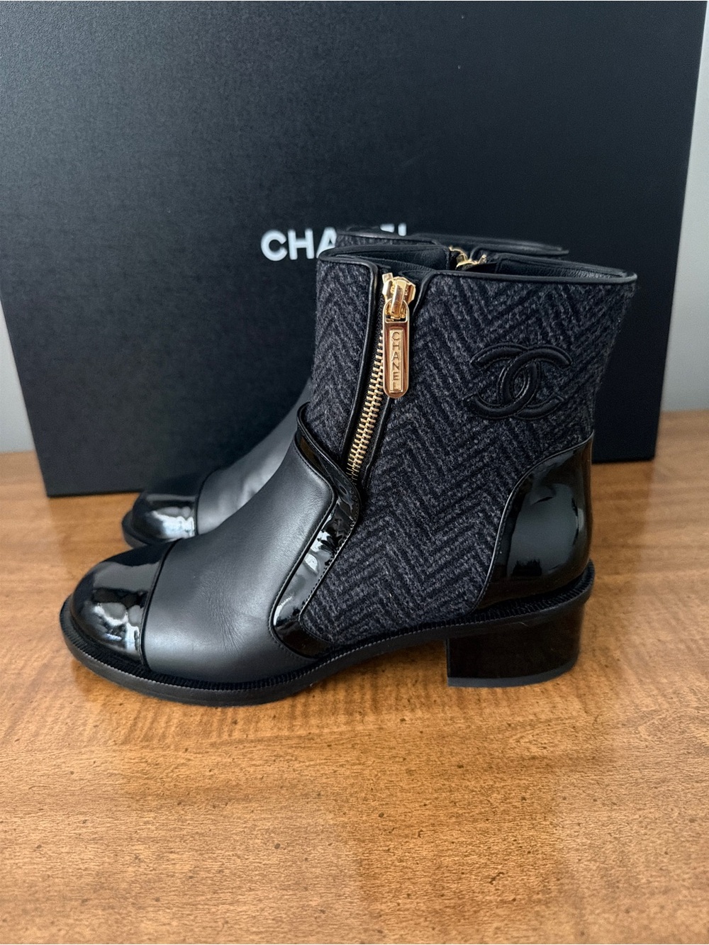 CHANEL Black Tweed & Leather Ankle Booties with Gold Zip Pull - Picture 2 of 11